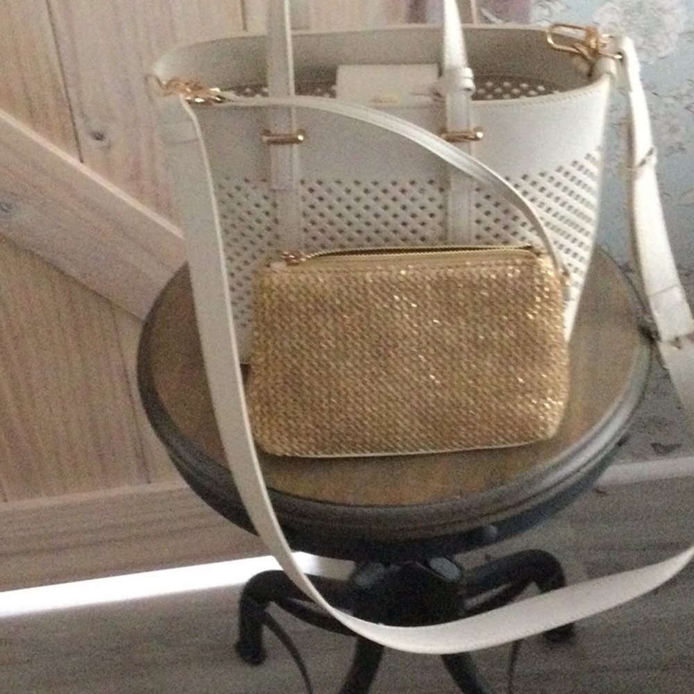 Anne Klein White Perforated Tote with Gold Sparkle Pouch